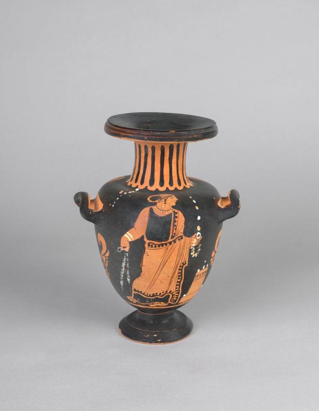 Water jar (hydria) with a woman bringing offerings to a tomb