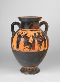 Amphora (jar) with male and female figures and warriors